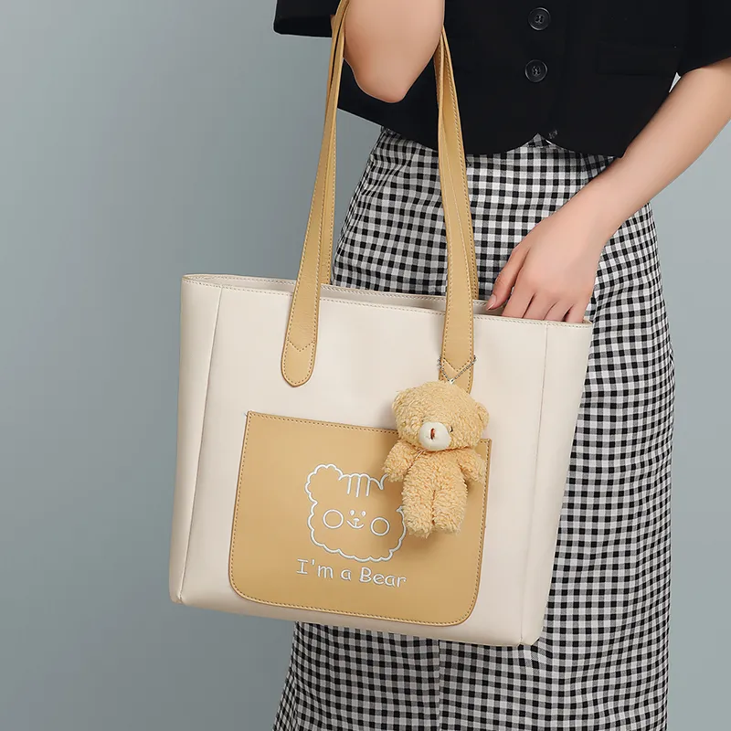 PT'SON Cow Leather Tote Bag Portable Underarm Shoulder Bag Regular Women's Beige-3