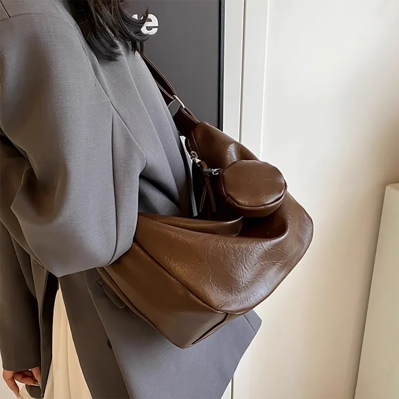 PT'SON Synthetic Leather Dumpling Bag, Underarm Shoulder Bag, Crossbody Bag Regular Women's Brown/Black-1