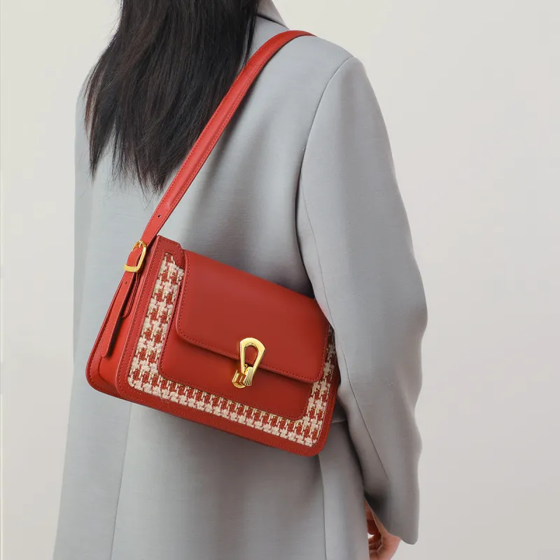 PT'SON Cow Leather, Synthetic Leather Fabric Small Square Bag Underarm Shoulder Bag Regular Women's Cherry Red-4