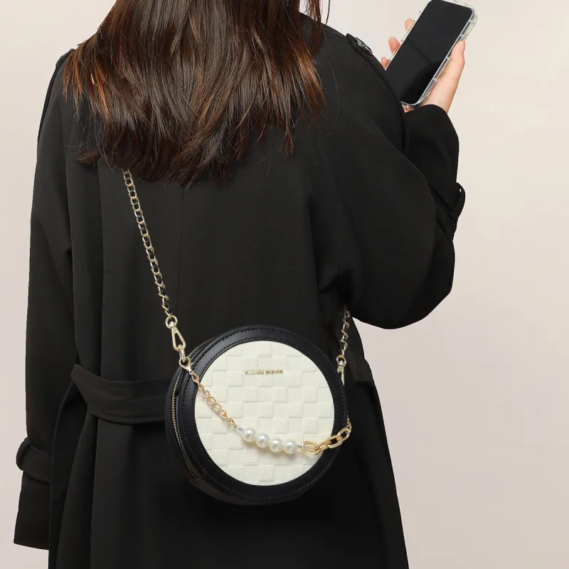 PT'SON Cow Leather Small Round Bag Shoulder Bag Trumpets Women's Black & White-2