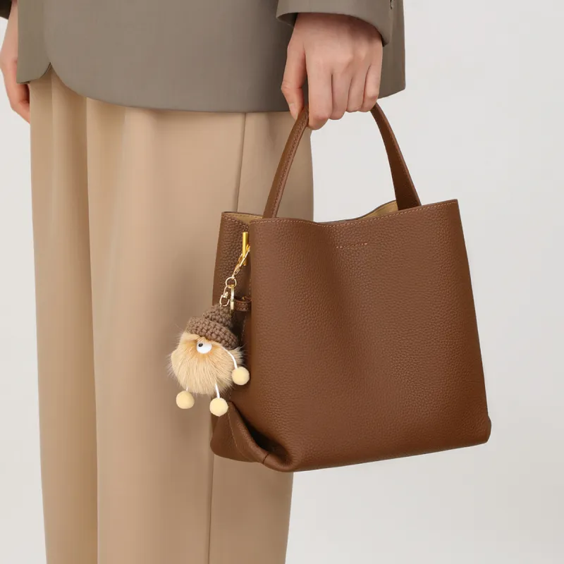 PT'SON Cow Leather, Synthetic Leather Bucket Bag Handbag Regular Women's Vanilla/Cool Tea Brown/Hot Cocoa-12