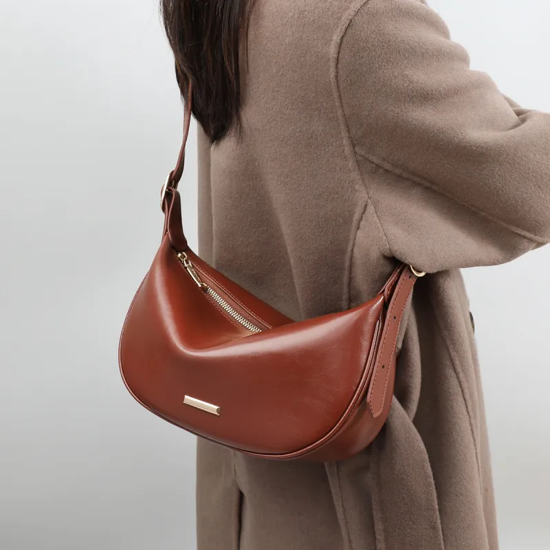 PT'SON Cow Leather With Synthetic Leather Underarm Shoulder Bag Dumpling Bag, Crossbody Bag Regular Women's Brown-2
