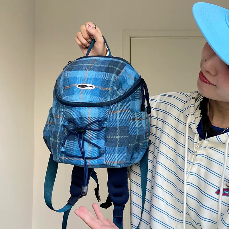 SUMAYZOY Blend Plaid Fabric Backpack Small Size Unisex Marine Blue Plaid/Grimm Green Plaid-3