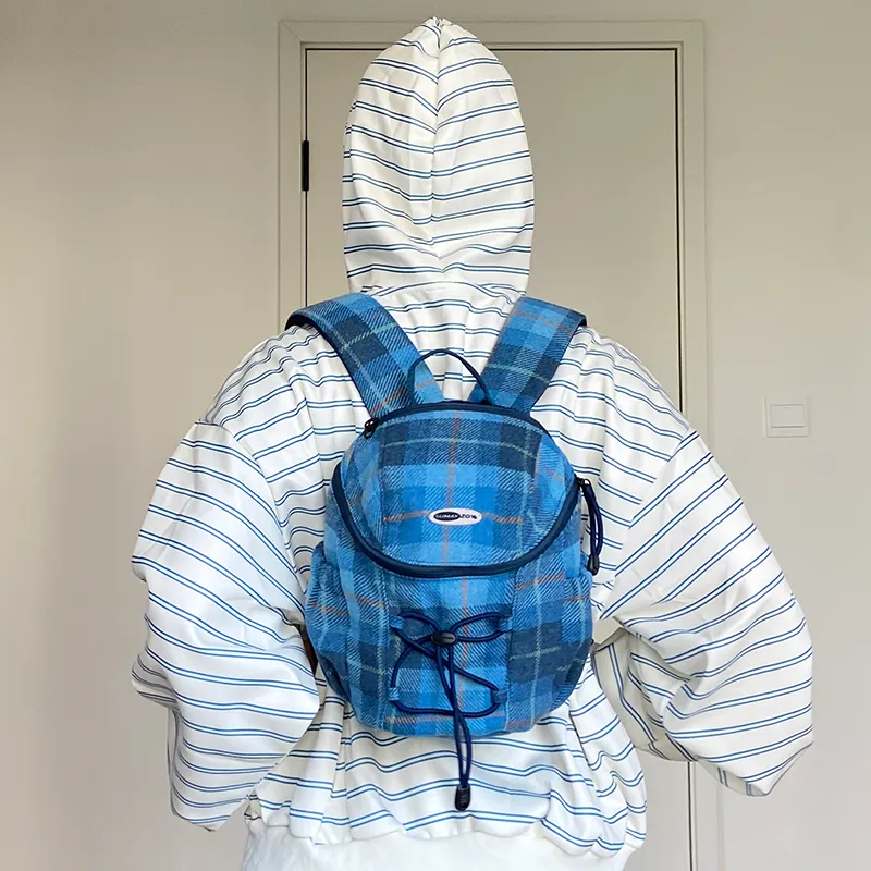 SUMAYZOY Blend Plaid Fabric Backpack Small Size Unisex Marine Blue Plaid/Grimm Green Plaid-5