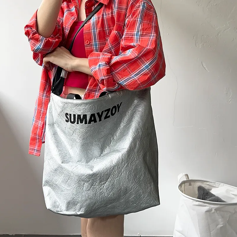 SUMAYZOY DuPont Paper PE Polyethylene One Shoulder Handbag Large Size Unisex Lightning Silver/Black-4