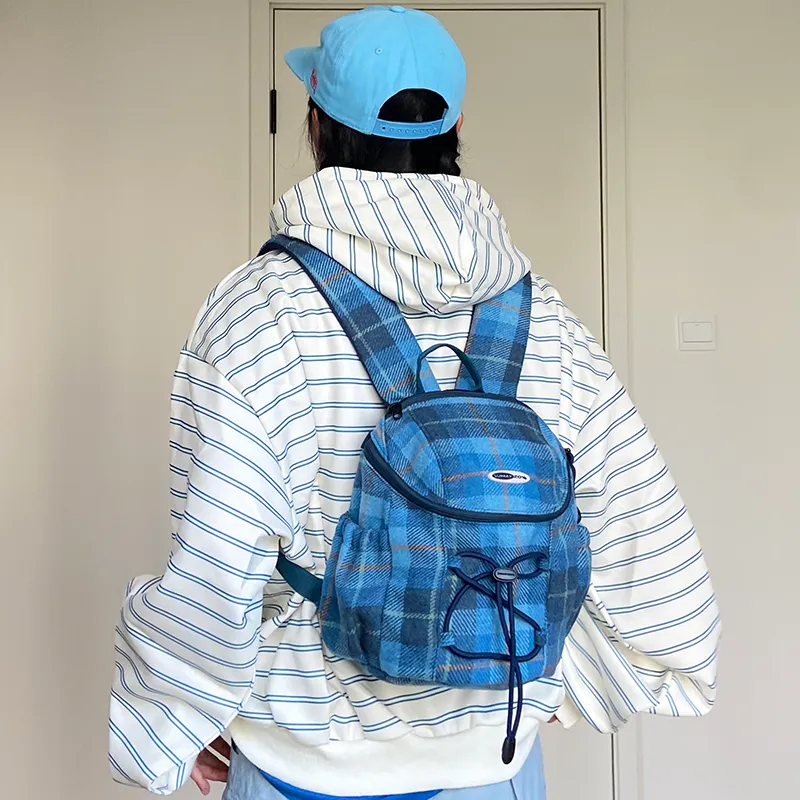 SUMAYZOY Blend Plaid Fabric Backpack Small Size Unisex Marine Blue Plaid/Grimm Green Plaid-2