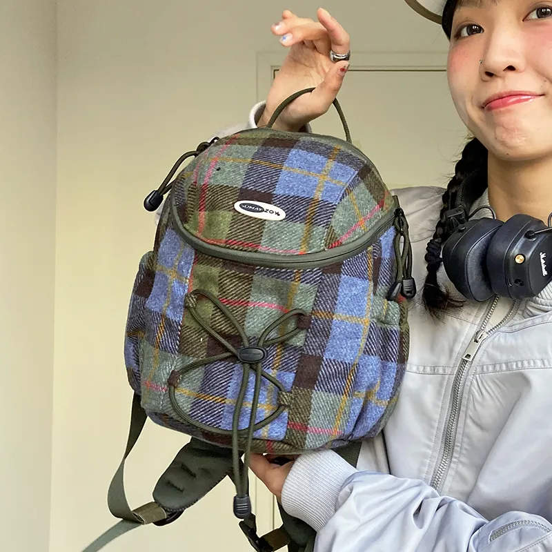 SUMAYZOY Blend Plaid Fabric Backpack Small Size Unisex Marine Blue Plaid/Grimm Green Plaid-8