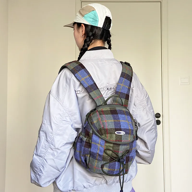 SUMAYZOY Blend Plaid Fabric Backpack Small Size Unisex Marine Blue Plaid/Grimm Green Plaid-11