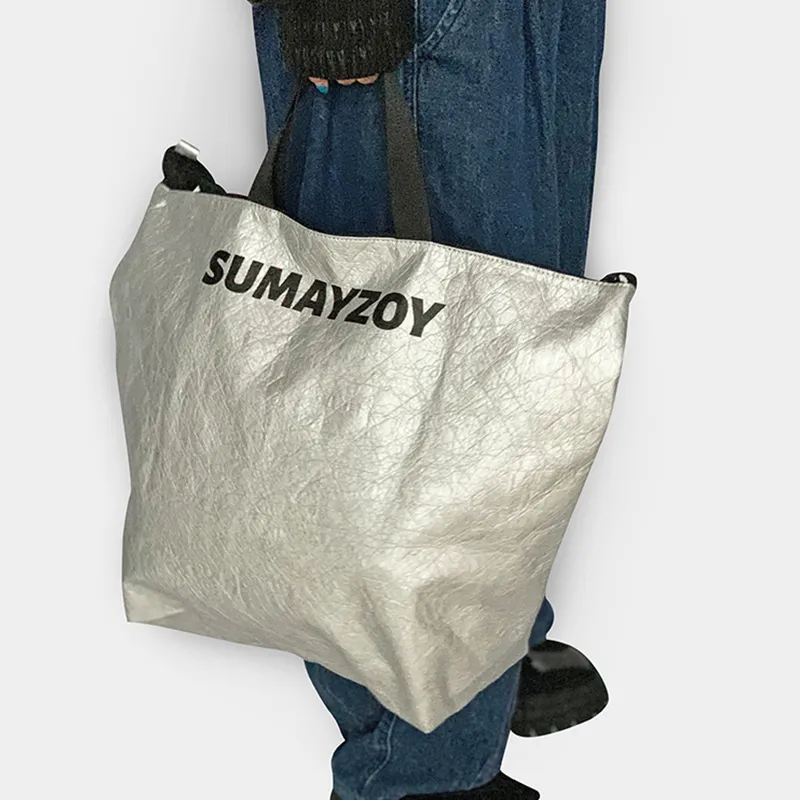 SUMAYZOY DuPont Paper PE Polyethylene One Shoulder Handbag Large Size Unisex Lightning Silver/Black-2