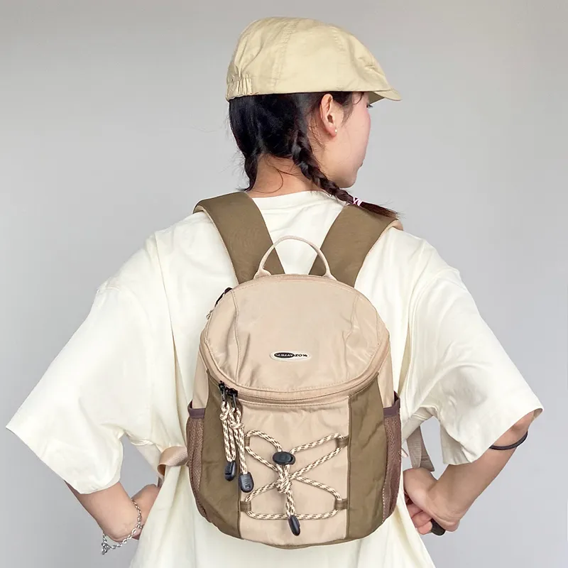 SUMAYZOY Polyester Backpack Small Size Unisex Milk Tea Beige/Olive Black-2