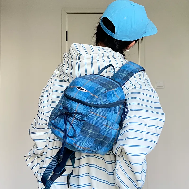 SUMAYZOY Blend Plaid Fabric Backpack Small Size Unisex Marine Blue Plaid/Grimm Green Plaid-4