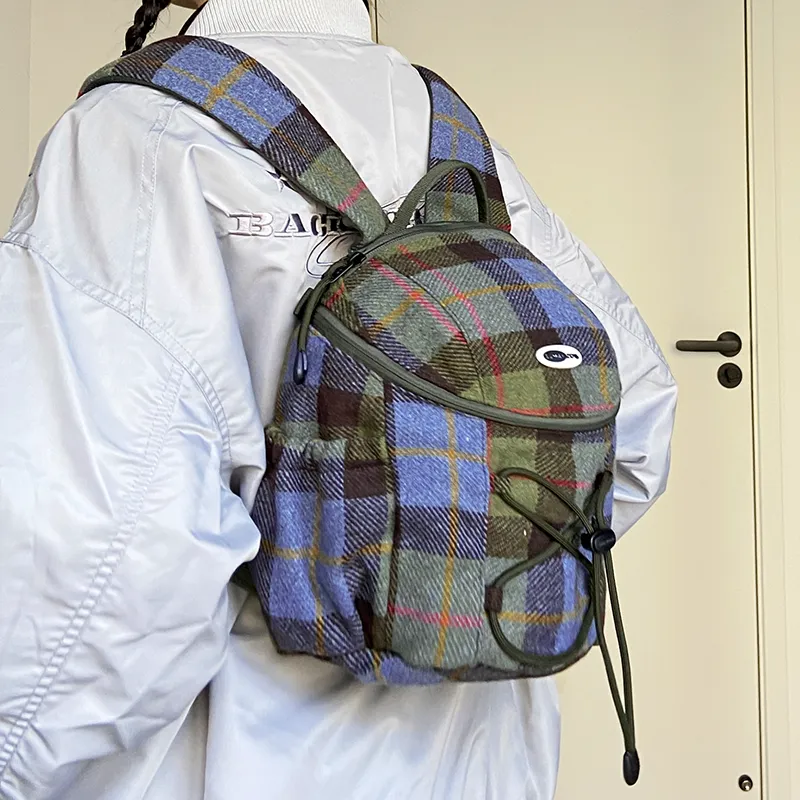 SUMAYZOY Blend Plaid Fabric Backpack Small Size Unisex Marine Blue Plaid/Grimm Green Plaid-12