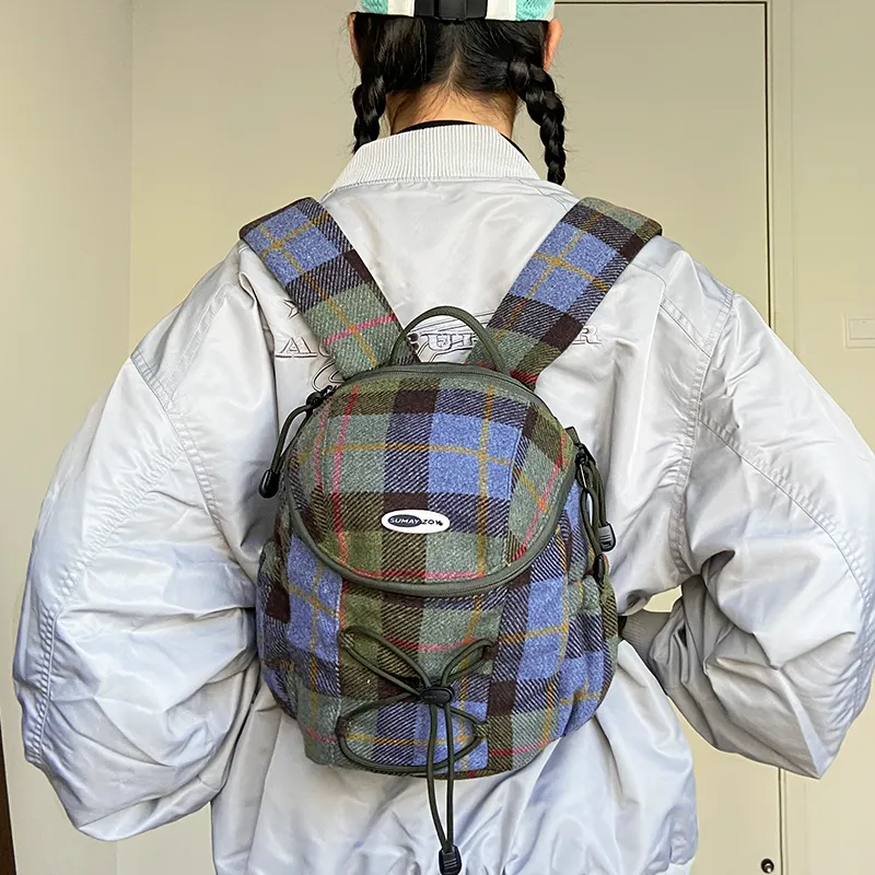 SUMAYZOY Blend Plaid Fabric Backpack Small Size Unisex Marine Blue Plaid/Grimm Green Plaid-10