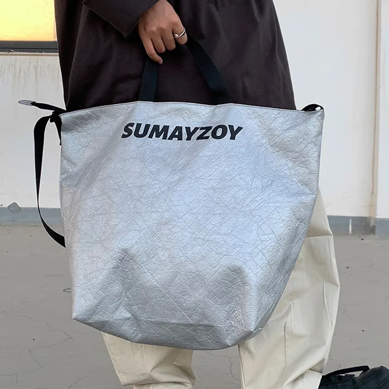SUMAYZOY DuPont Paper PE Polyethylene One Shoulder Handbag Large Size Unisex Lightning Silver/Black-3