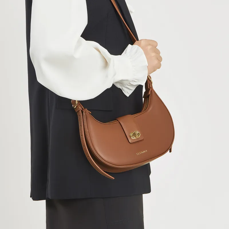 Teenmix Cow Leather Crescent Bag, Shoulder Bag Medium Size Women's Mocha/Black-20