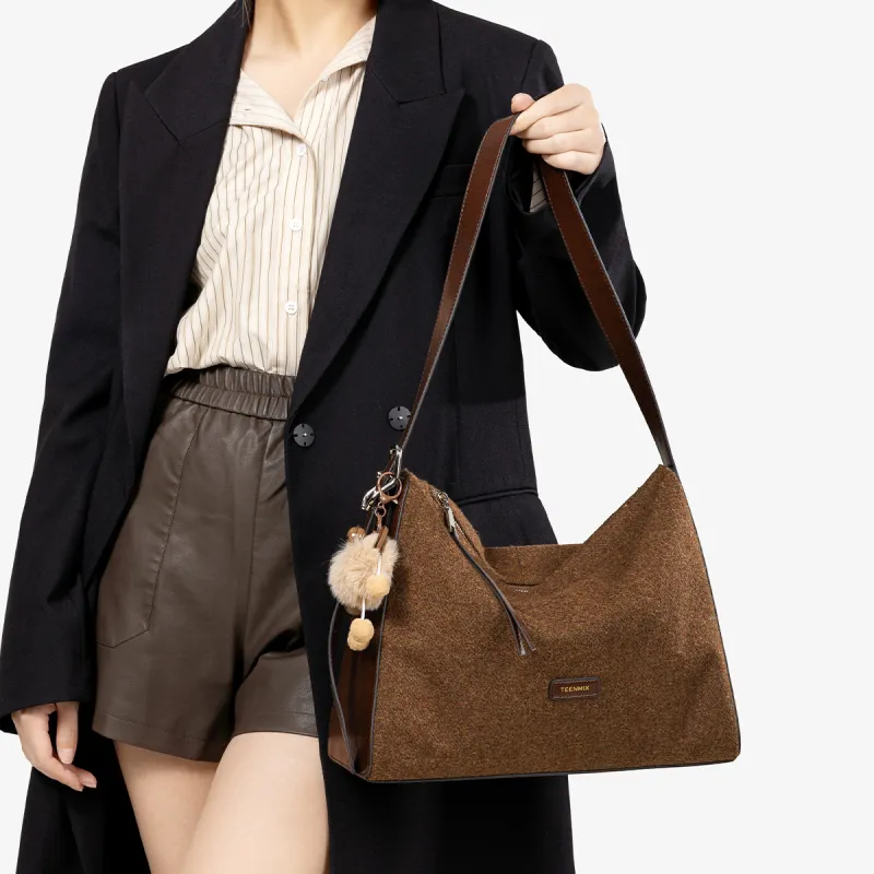 Teenmix Cashmere With Cow Leather Messenger Bag, Shoulder Bag Tubas Women's Red Brown-7