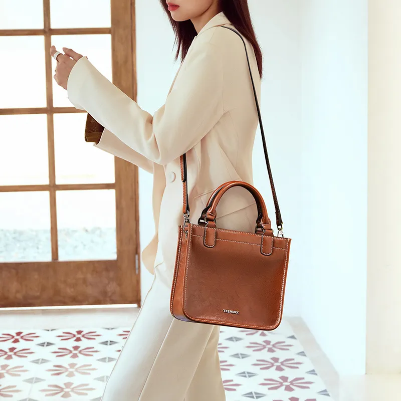 Teenmix Cow Leather Handbag, Shoulder Bag, Crossbody Bag, Bucket Bag Medium Size Women's Brown/Black/Green-2
