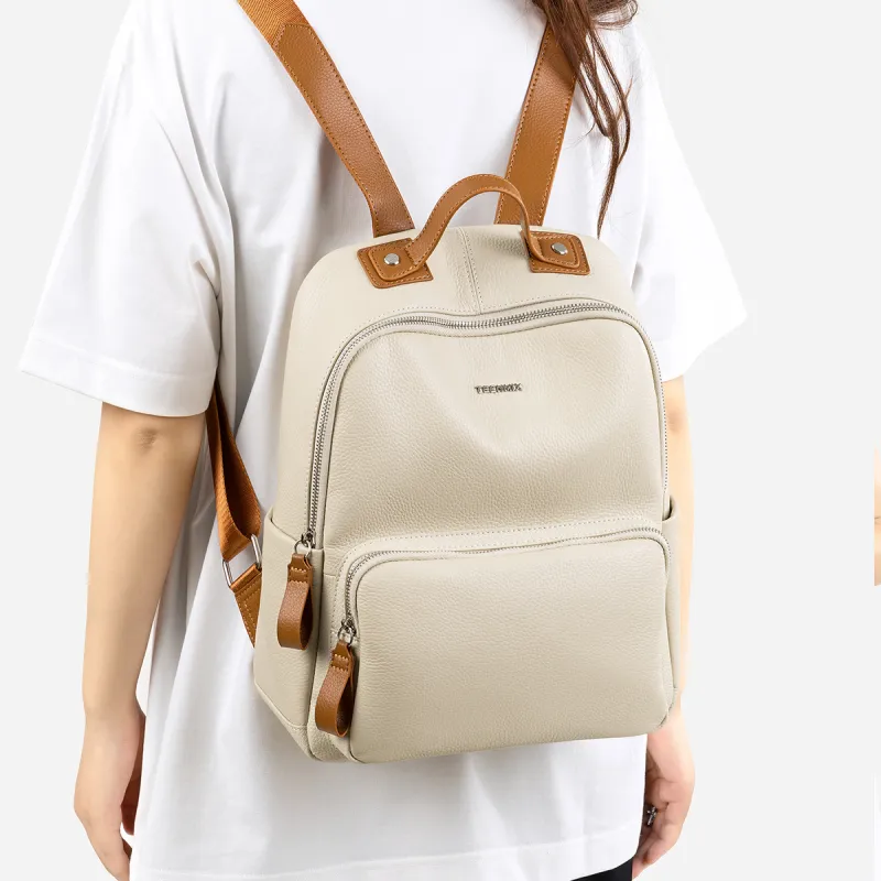 Teenmix Top Grain Cow Leather Backpack Travel Bag Trumpets Women's Black/Ecru-7