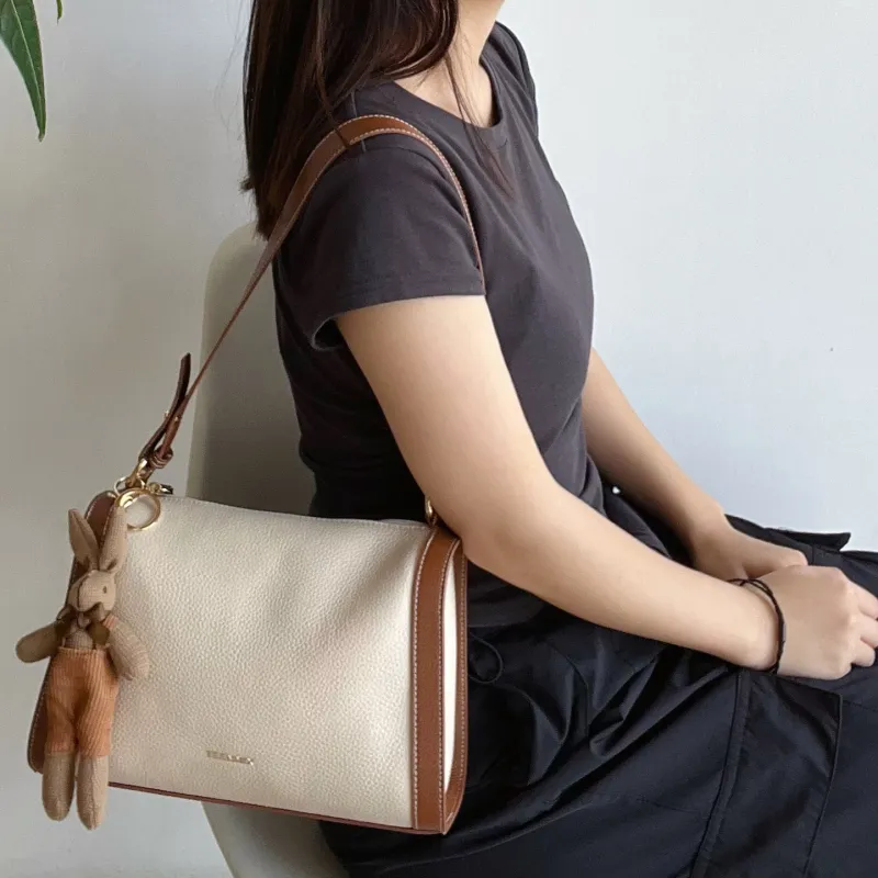 Teenmix Cow Leather Shoulder Bag, Crossbody Bag, Pillow Bag Medium Size Women's Ecru & Brown/Ecru & Black-5