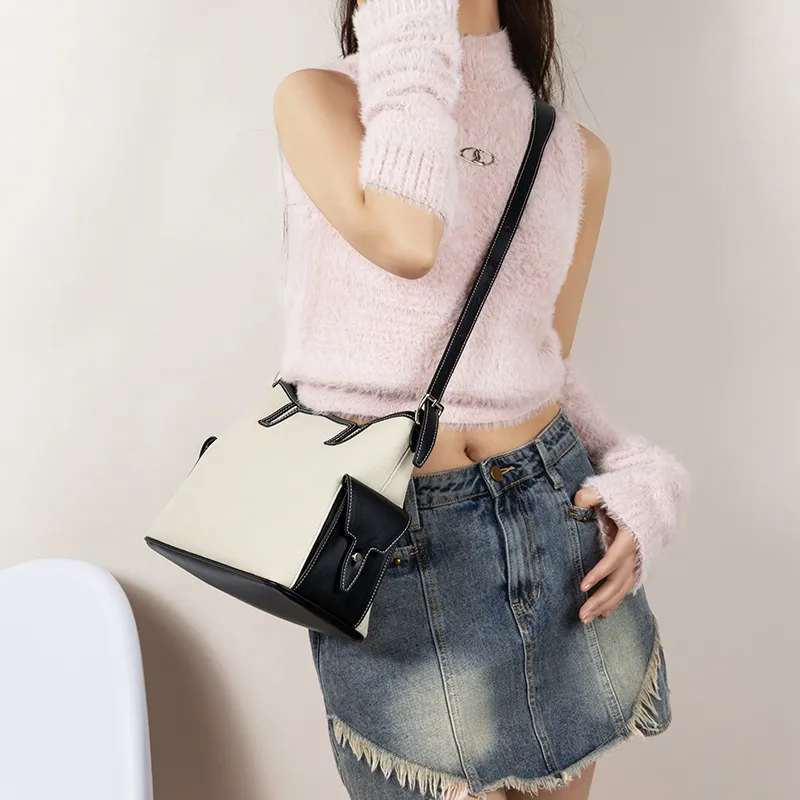 Teenmix Cow Leather With Synthetic Leather Shoulder Bag Women's Ecru & Black/Ecru & Light Green/Ecru & Khaki-6