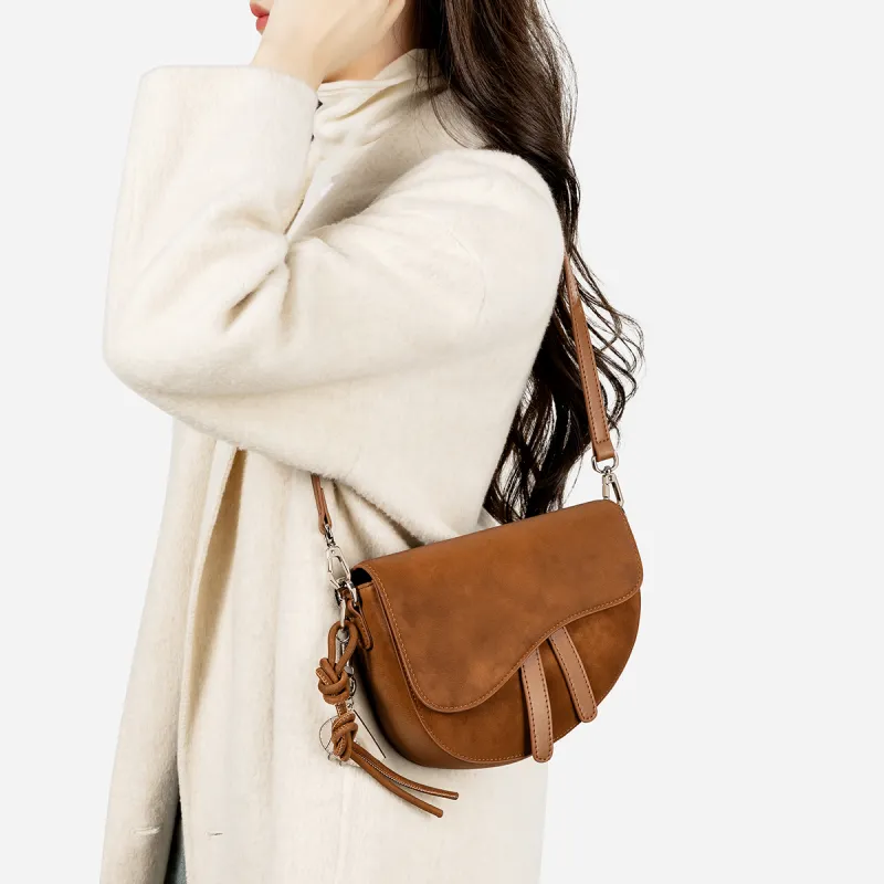 Teenmix Split Cow Leather Saddle Bag, Crossbody Bag, Shoulder Bag Trumpets Women's Coffee/Brown/Latte/Black-14