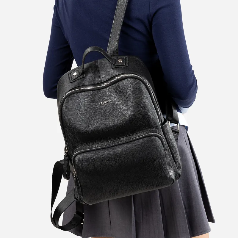 Teenmix Top Grain Cow Leather Backpack Travel Bag Trumpets Women's Black/Ecru-13