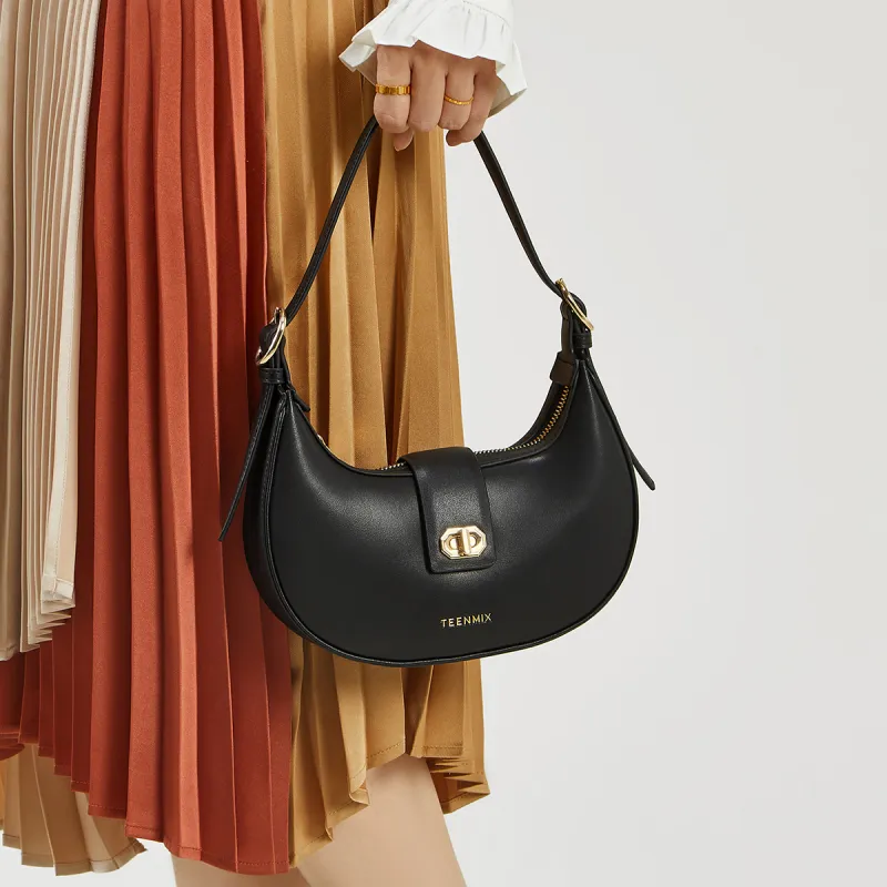 Teenmix Cow Leather Crescent Bag, Shoulder Bag Medium Size Women's Mocha/Black-2