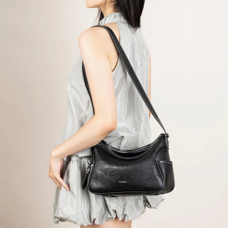 Teenmix Split Cow Leather With Synthetic Leather Crossbody Handbag, Shoulder Bag Regular Women's Ecru/Khaki/Black-5