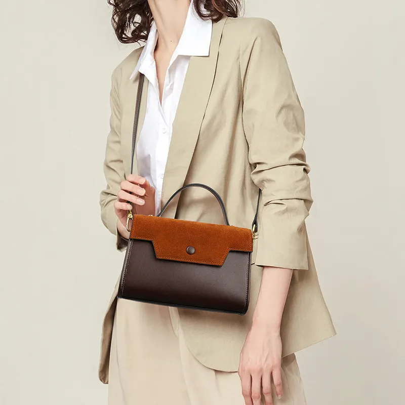 Teenmix Cow Leather Kelly Bag, One Shoulder Handbag Trumpets Women's Khaki/Black/Red Brown-1