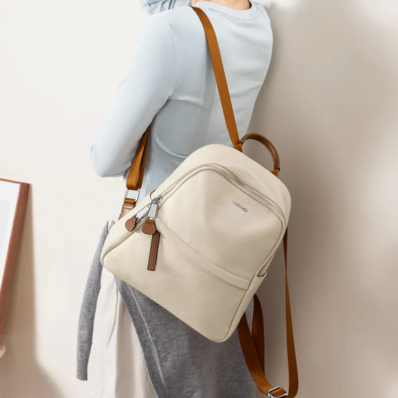 Teenmix Cow Leather Backpack Large Size Women's Black/Apricot-7