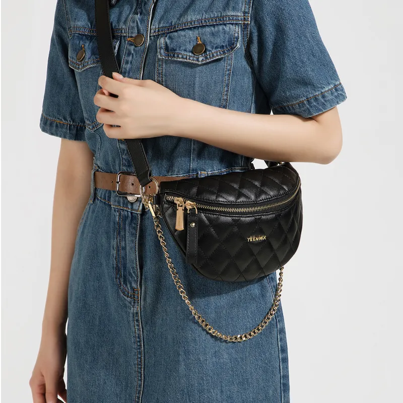 Teenmix Cow Leather Crossbody Bag, Sling Bag, Fanny Pack Style Women's Bag Medium Size Women's Black-11
