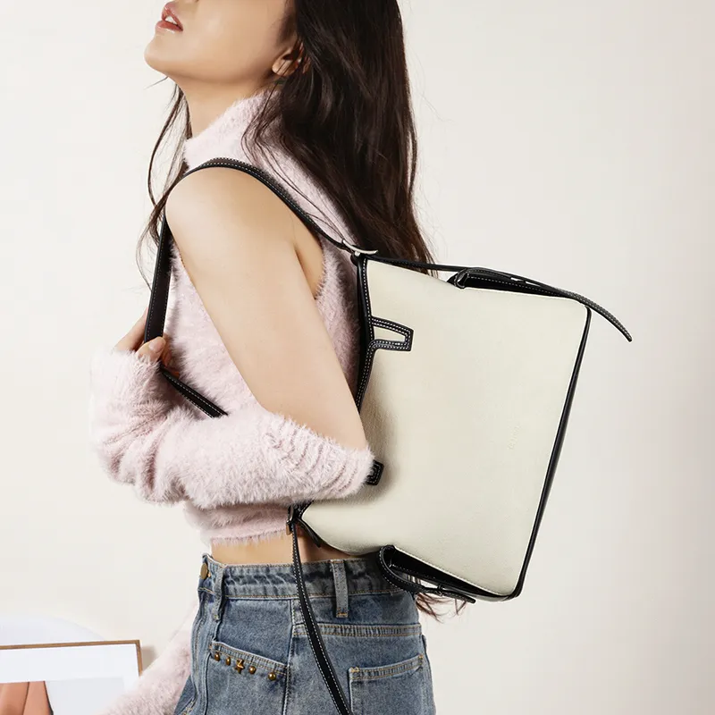 Teenmix Cow Leather With Synthetic Leather Shoulder Bag Women's Ecru & Black/Ecru & Light Green/Ecru & Khaki-8