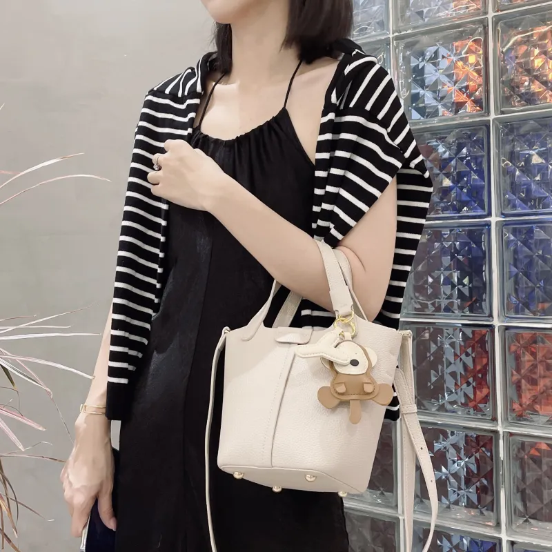 Teenmix Cow Leather Bucket Bag, Shoulder Bag, Handbag Medium Size Women's Camel/Ecru-14