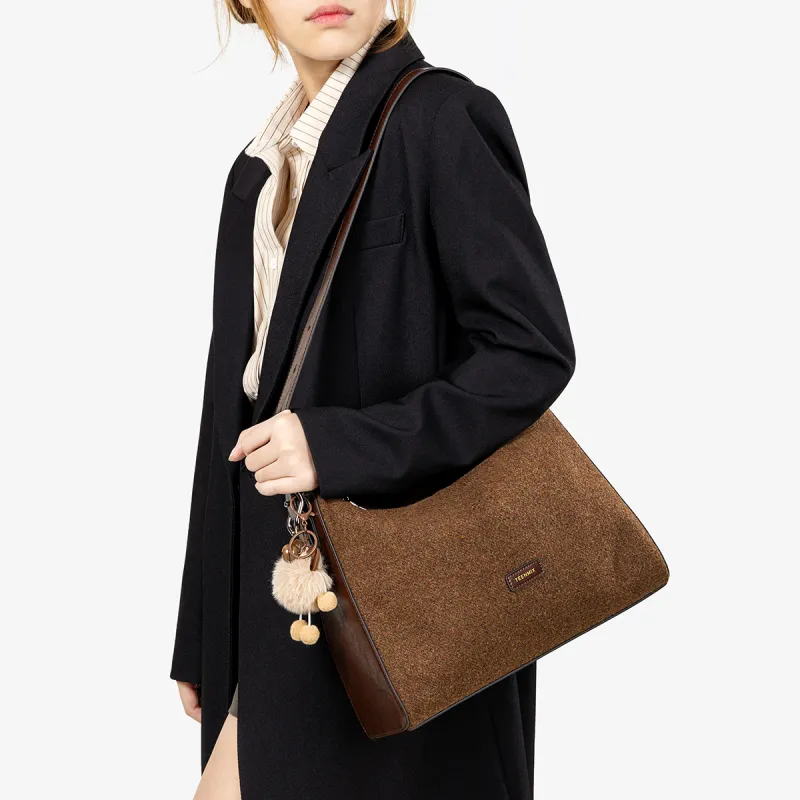 Teenmix Cashmere With Cow Leather Messenger Bag, Shoulder Bag Tubas Women's Red Brown-6