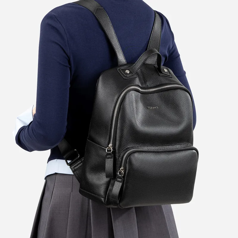 Teenmix Top Grain Cow Leather Backpack Travel Bag Trumpets Women's Black/Ecru-14