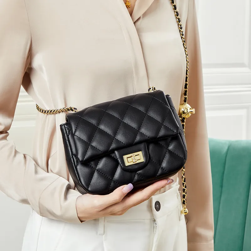 L'ALPINA Cow Leather Diamond Pattern Small Square Bag Shoulder Bag Regular Medium Size Women's Elegant Black-9