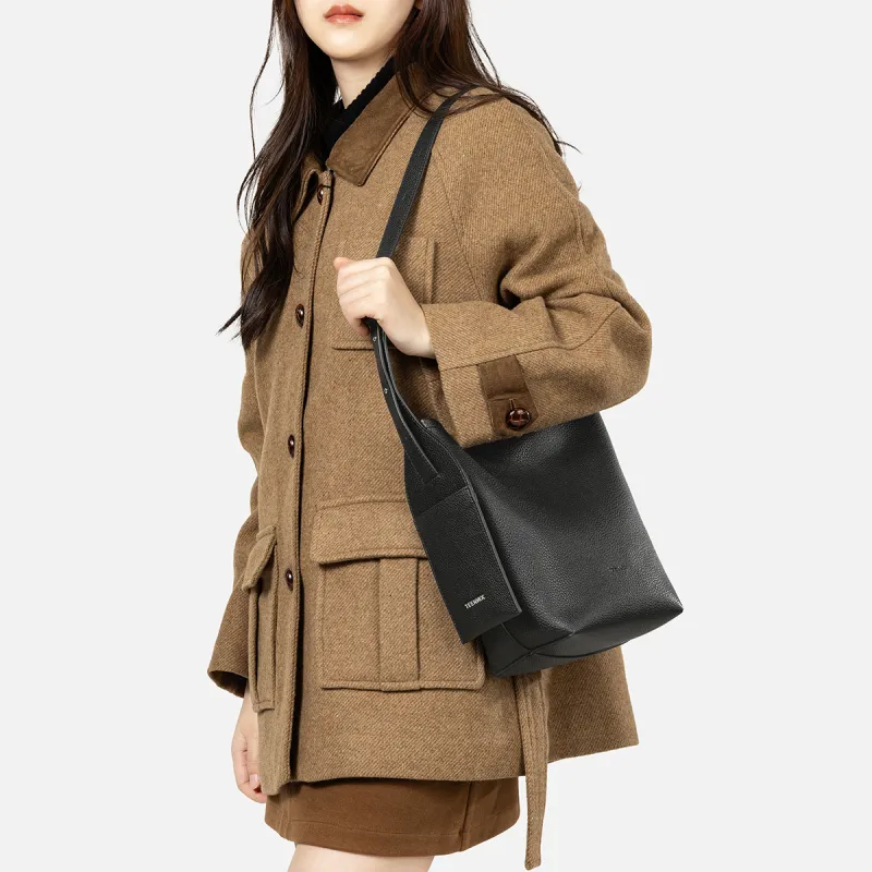 Teenmix Cow Leather Bucket Bag, Shoulder Bag Regular Women's Black/Elephant Gray/Angora Red-6