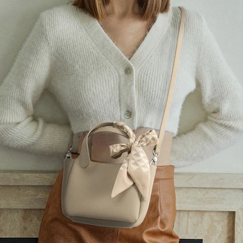Teenmix Cow Leather Bucket Bag, Shoulder Bag, Handbag Women's Milk Tea/Yellow Brown-6