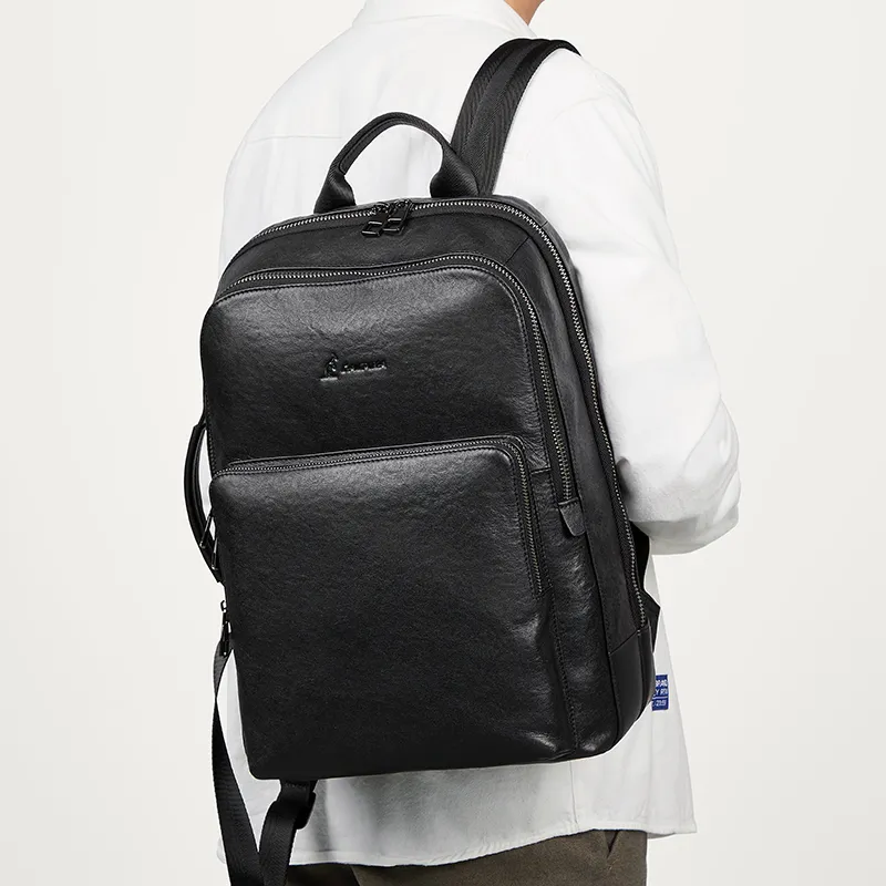 L'ALPINA Top Grain Cow Leather Laptop Bag Portable Backpack Tubas Men's Black-4