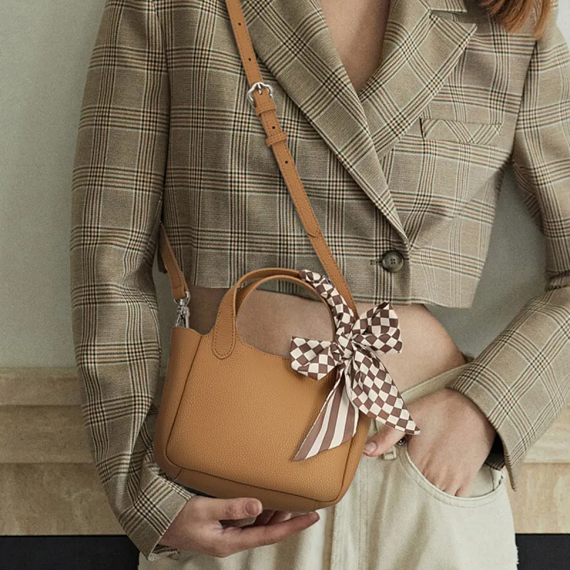 Teenmix Cow Leather Bucket Bag, Shoulder Bag, Handbag Women's Milk Tea/Yellow Brown-12