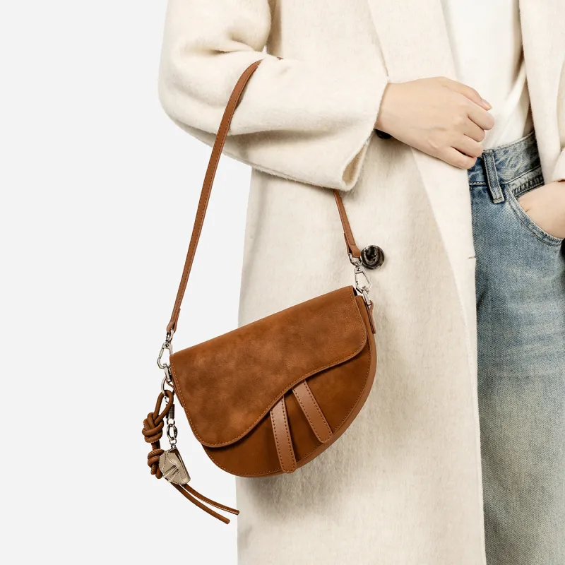 Teenmix Split Cow Leather Saddle Bag, Crossbody Bag, Shoulder Bag Trumpets Women's Coffee/Brown/Latte/Black-13