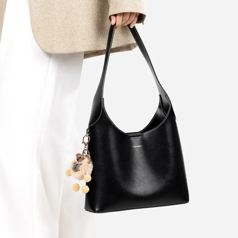 Teenmix Cow Leather With Synthetic Leather Hobo Bag, Handbag, Shoulder Bag, Tote Tubas Women's Coffee/Black-14