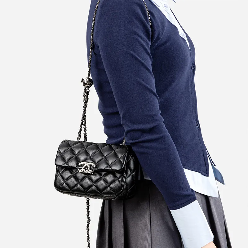 Teenmix Sheepskin Microfiber Synthetic Leather Shoulder Bag Crossbody Bag Chain Pack Medium Size Women's Black-7