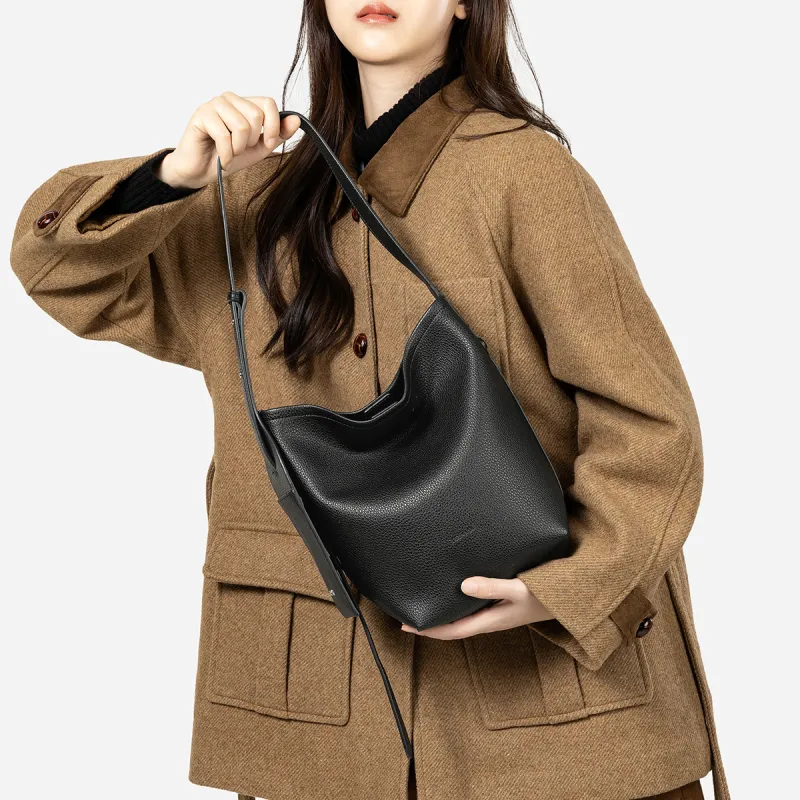 Teenmix Cow Leather Bucket Bag, Shoulder Bag Regular Women's Black/Elephant Gray/Angora Red-7