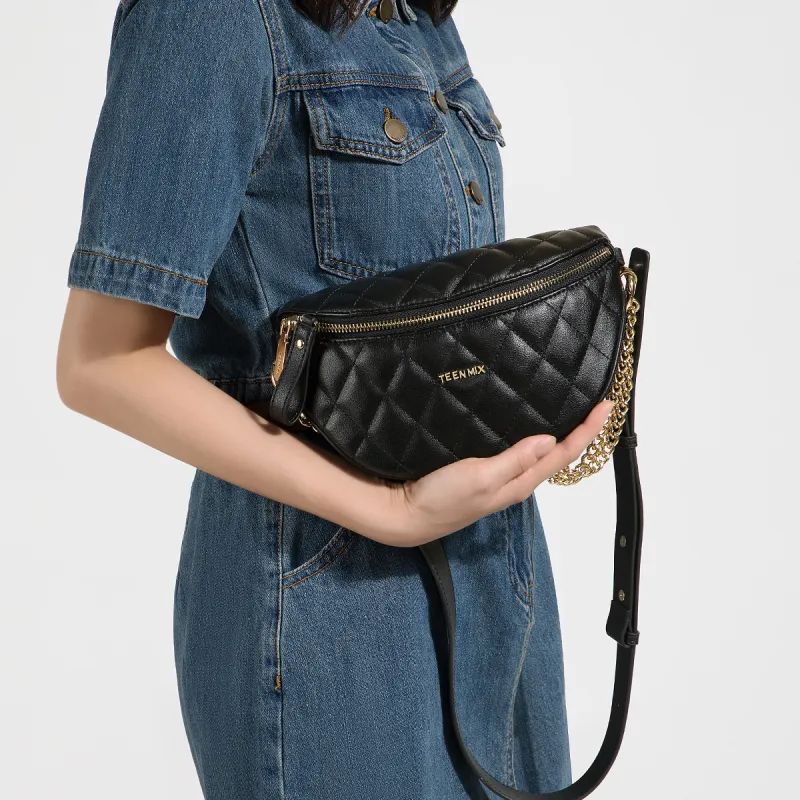 Teenmix Cow Leather Crossbody Bag, Sling Bag, Fanny Pack Style Women's Bag Medium Size Women's Black-5