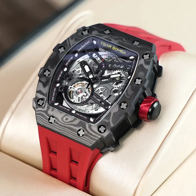 TSAR BOMBA Automatic Mechanical Movement Silicone Strap Watch Men's Watches Black Dial-17