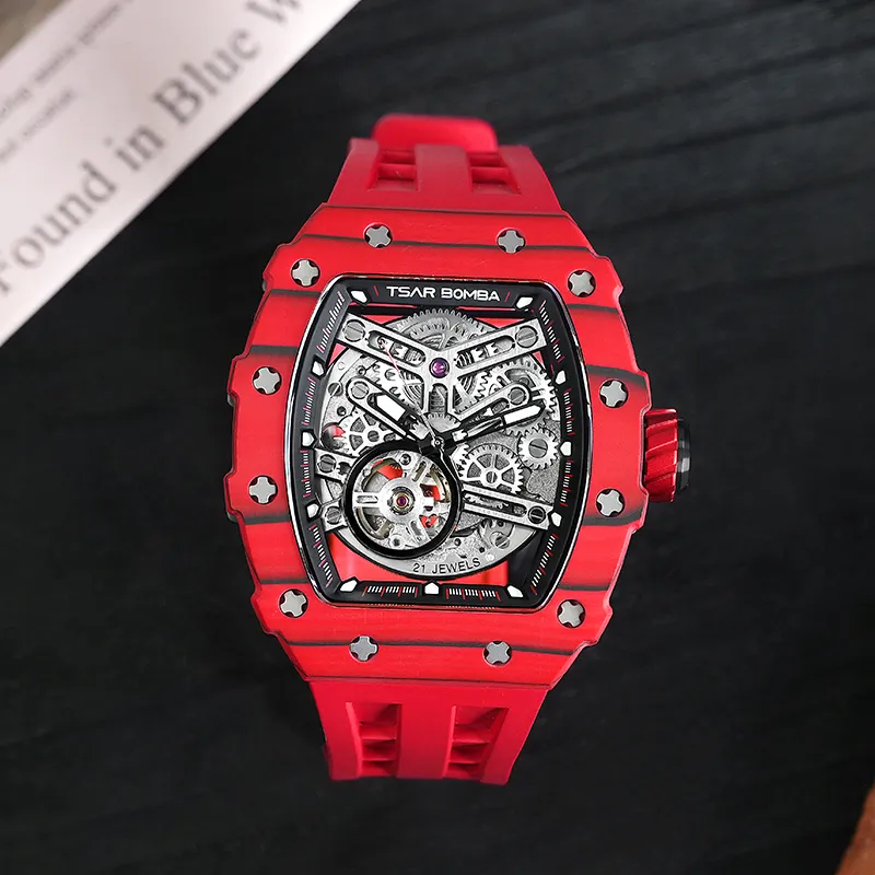TSAR BOMBA Automatic Mechanical Movement Silicone Strap Watch Men's Watches Black Dial-24