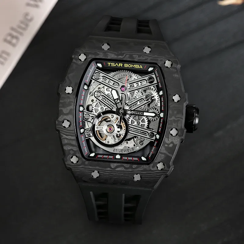 TSAR BOMBA Automatic Mechanical Movement Silicone Strap Watch Men's Watches Black Dial-5