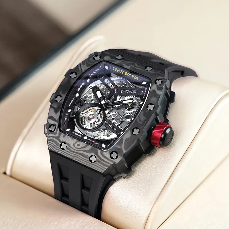TSAR BOMBA Automatic Mechanical Movement Silicone Strap Watch Men's Watches Black Dial-3