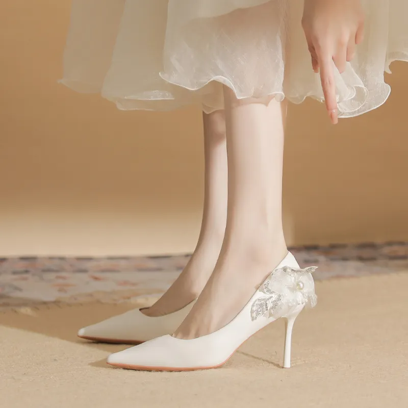 Varib Slim Heel High Heels 8cm Women's White-5